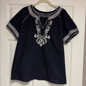 Hannah Navy Top with White Embroidered Yoke